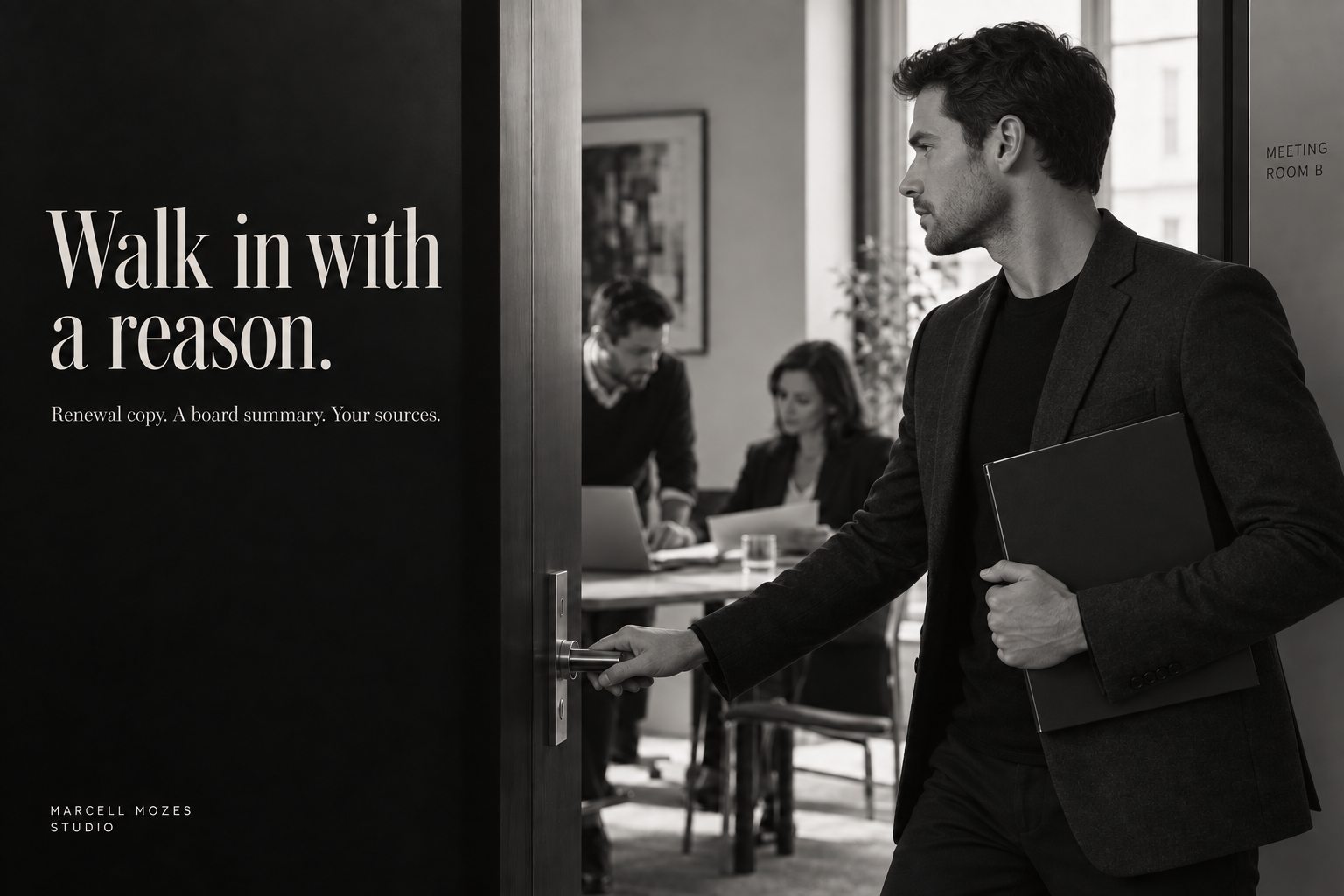 Walk in with a reason. A younger association communications manager enters a meeting carrying the board summary.