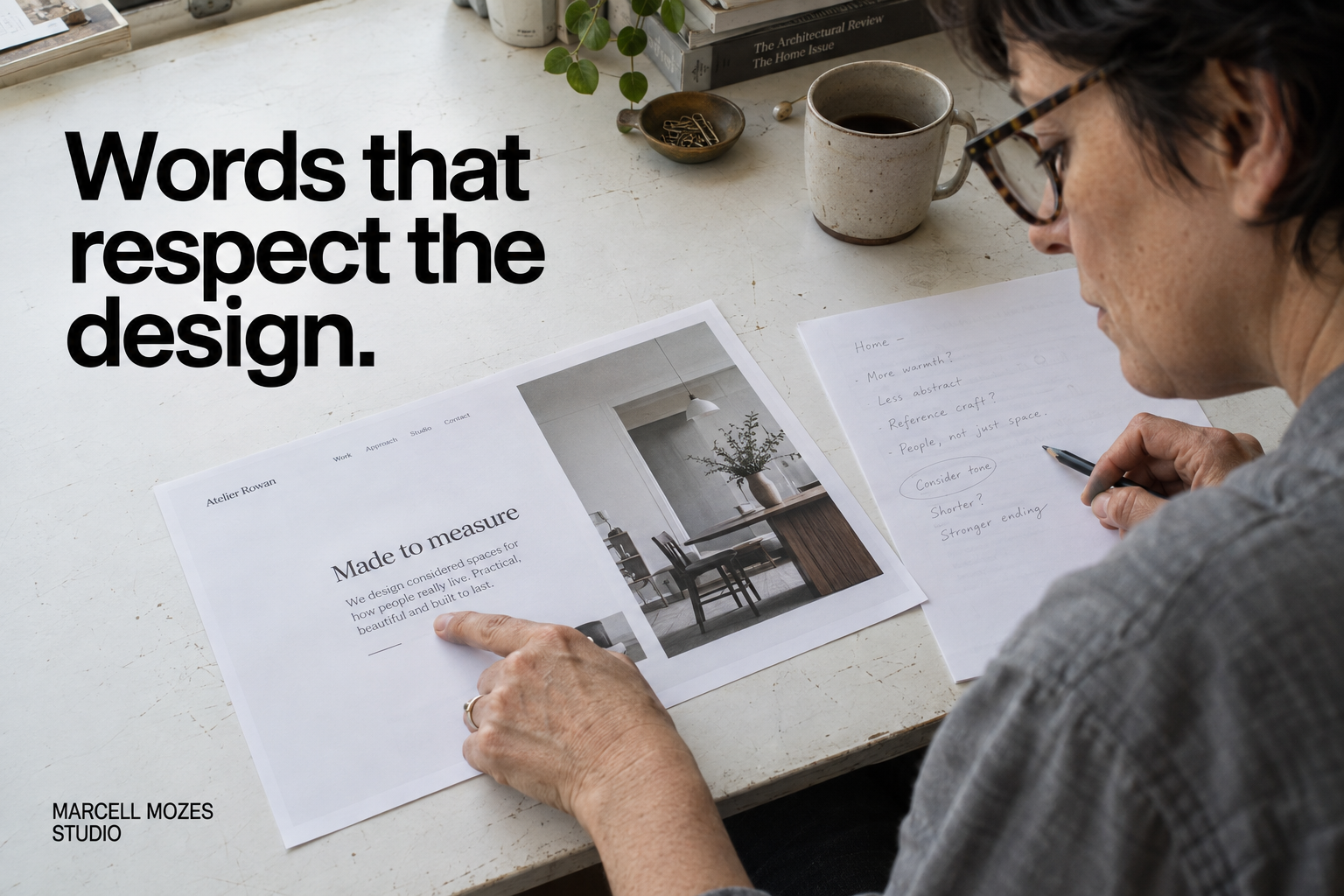Words that respect the design. A designer checks wording beside a printed page layout.