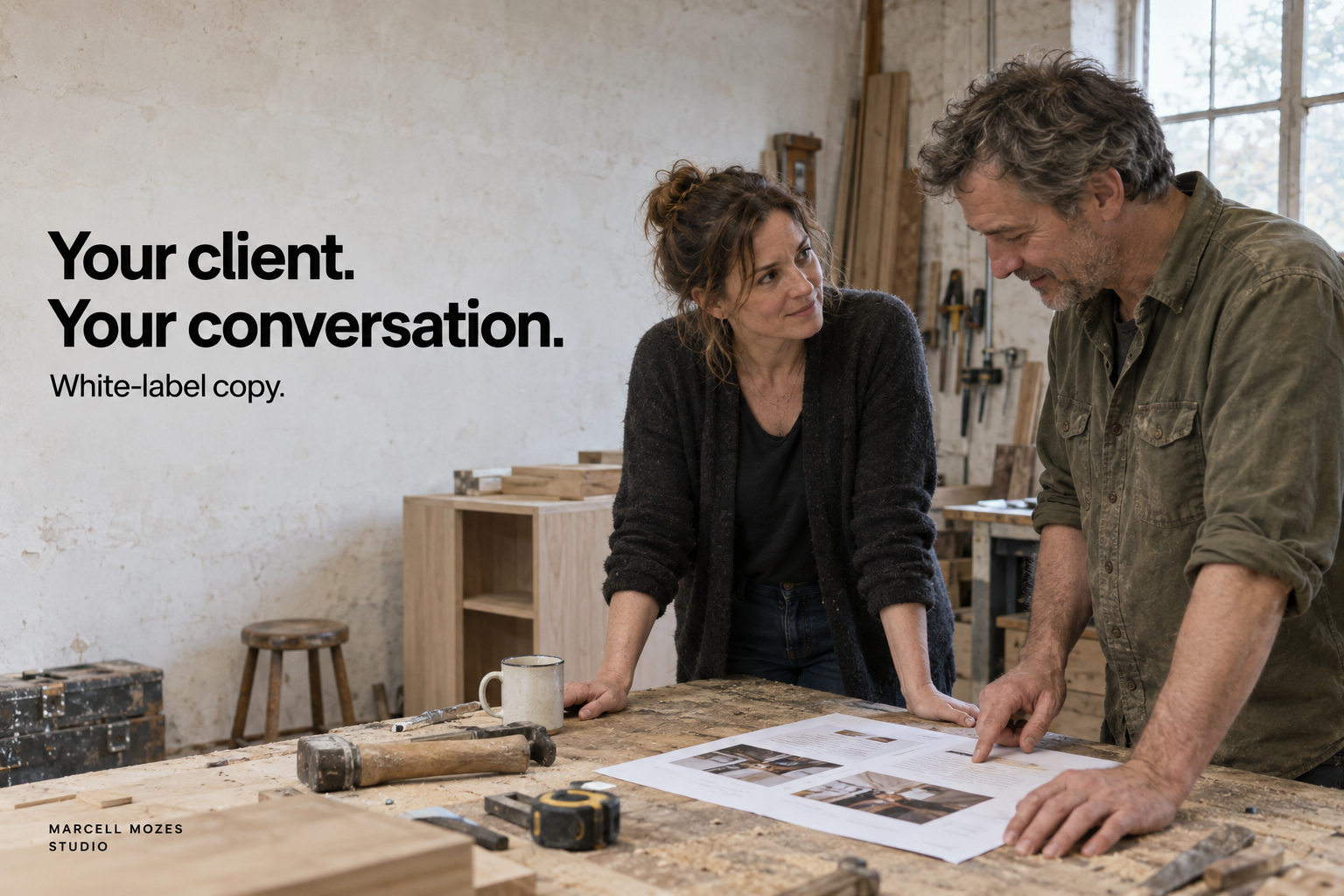 Your client. Your conversation. A studio professional listens as a client points to a proposed page.