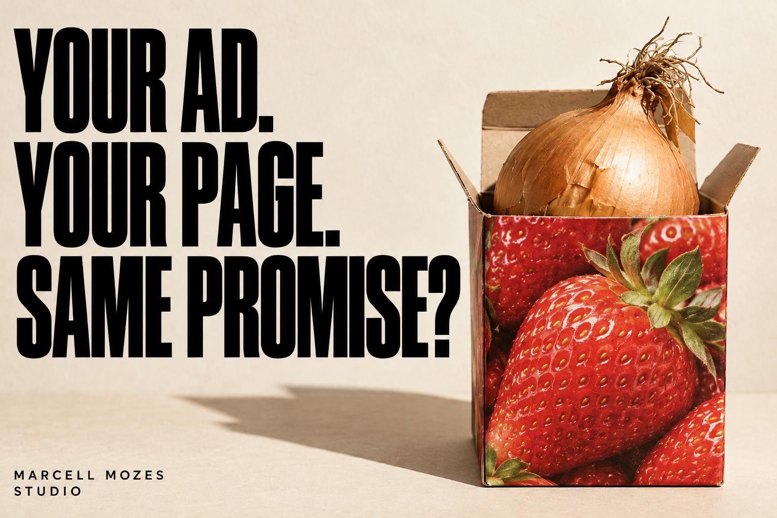Your ad. Your page. Same promise? A strawberry-printed box contains an onion.