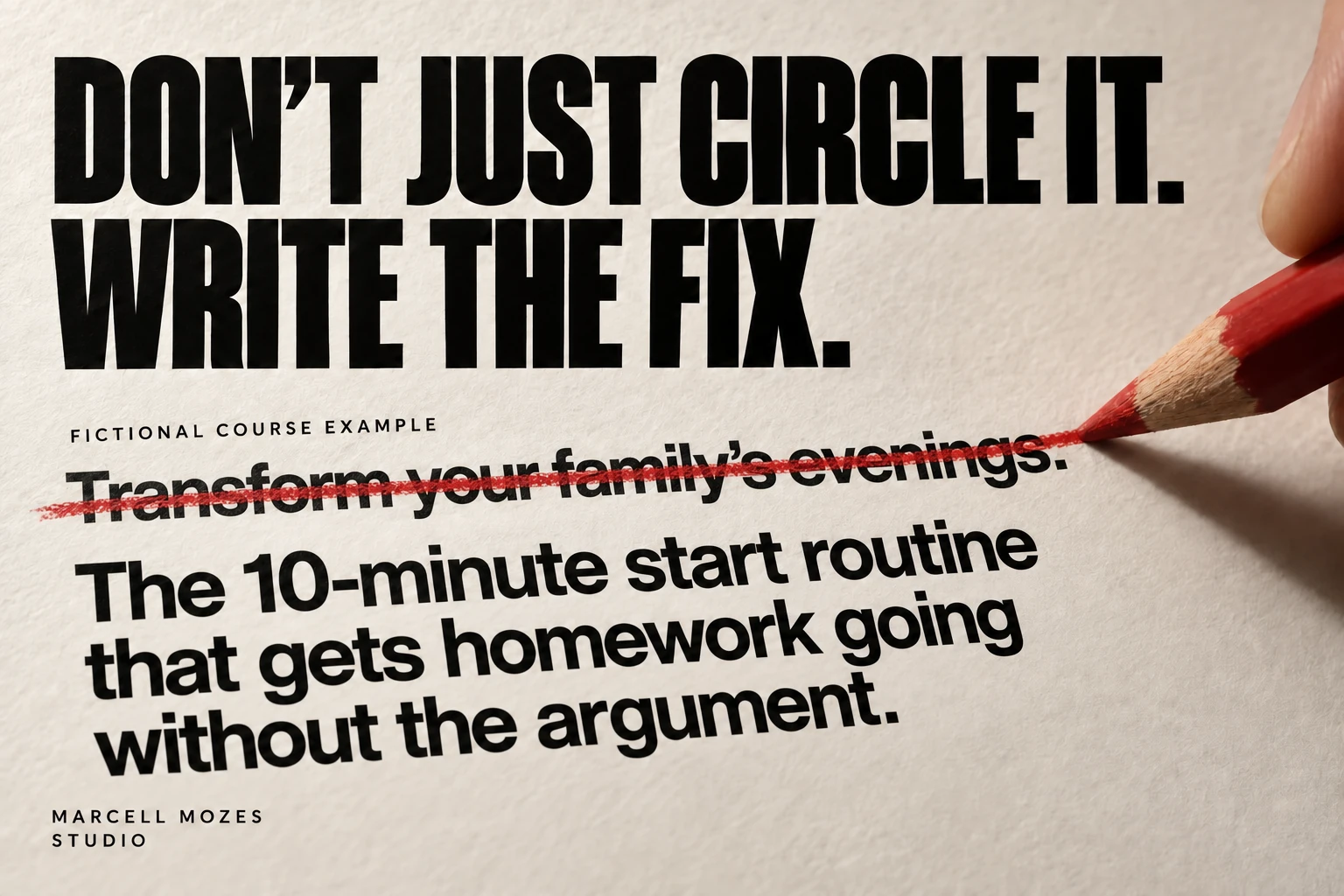 Don’t just circle it. Write the fix. A fictional parenting-course headline is replaced with wording that names its ten-minute routine.