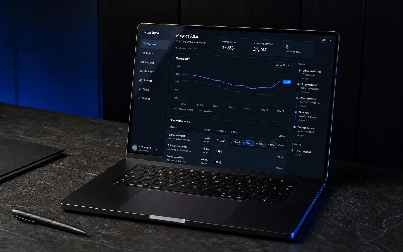 Space Black laptop showing the ScopeSignal Project Atlas dashboard with margin drift, open scope decisions and an active Trade response