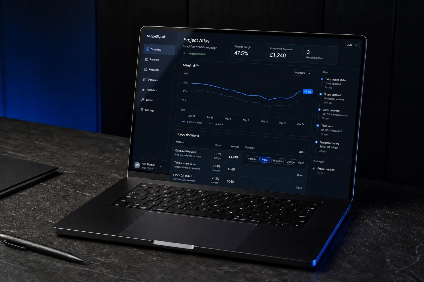 ScopeSignal luxury studio photograph showing the Project Atlas margin and scope decision dashboard running on a Space Black MacBook Pro